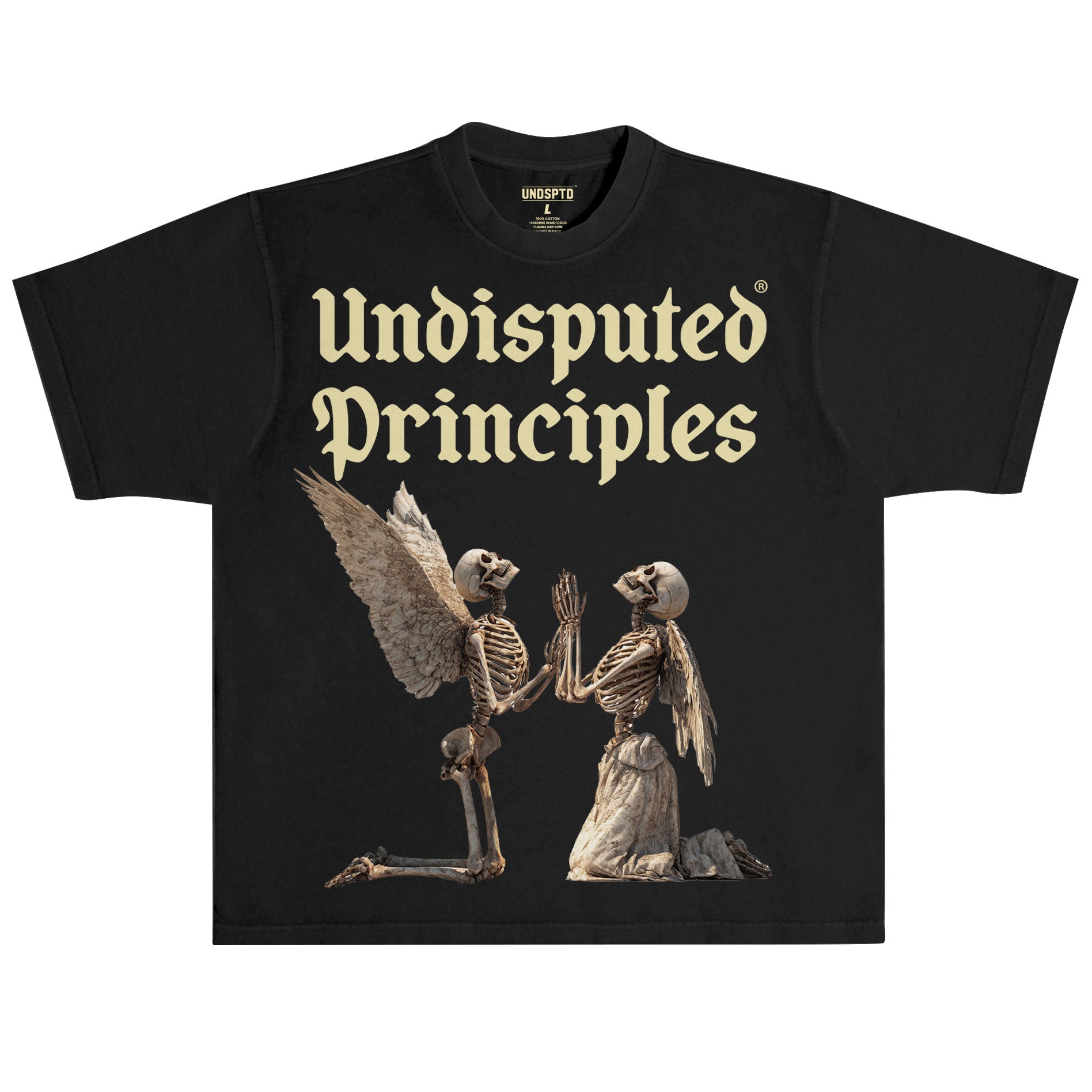 oversized heavyweight drop shoulder graphic tshirt in solid black of two skeletons praying to a log that read undisputed principles