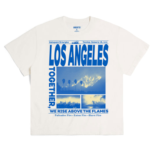 los angeles wildfire fundraiser t-shirt by undisputed principles in cream and blue front