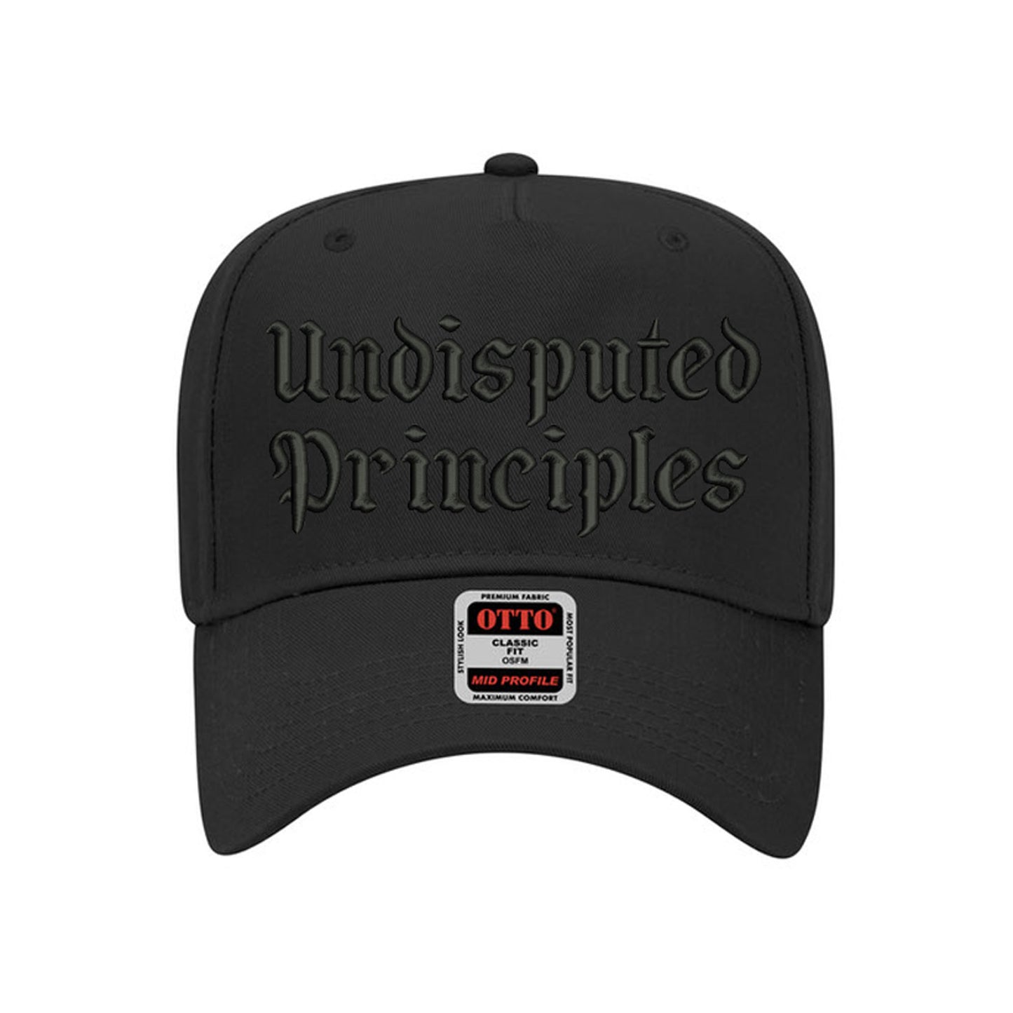 3d puff embroidered logo snapback hat in black and black bill that reads undisputed prinicples in black thread