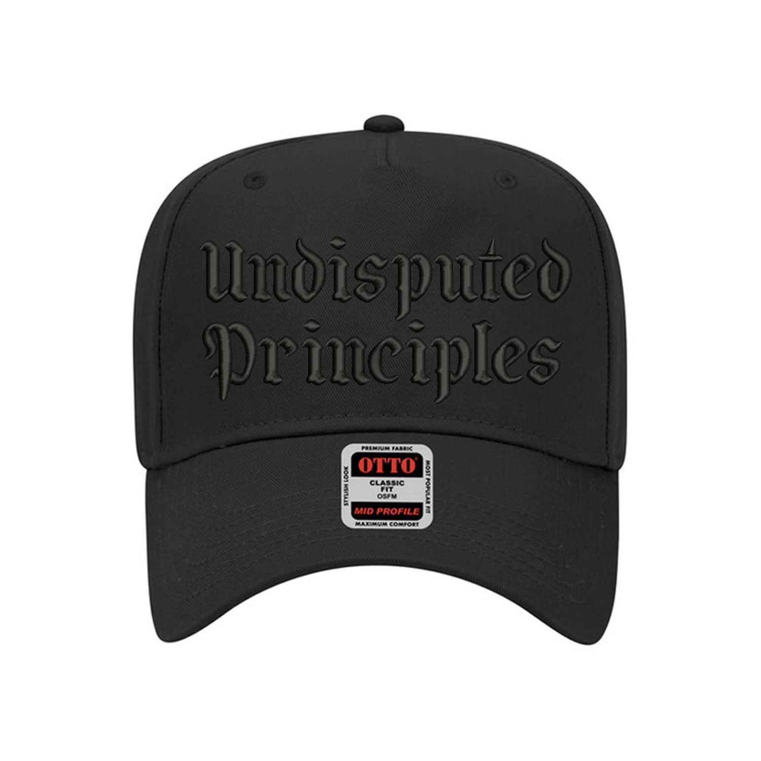 3d puff embroidered logo snapback hat in black and black bill that reads undisputed prinicples in black thread