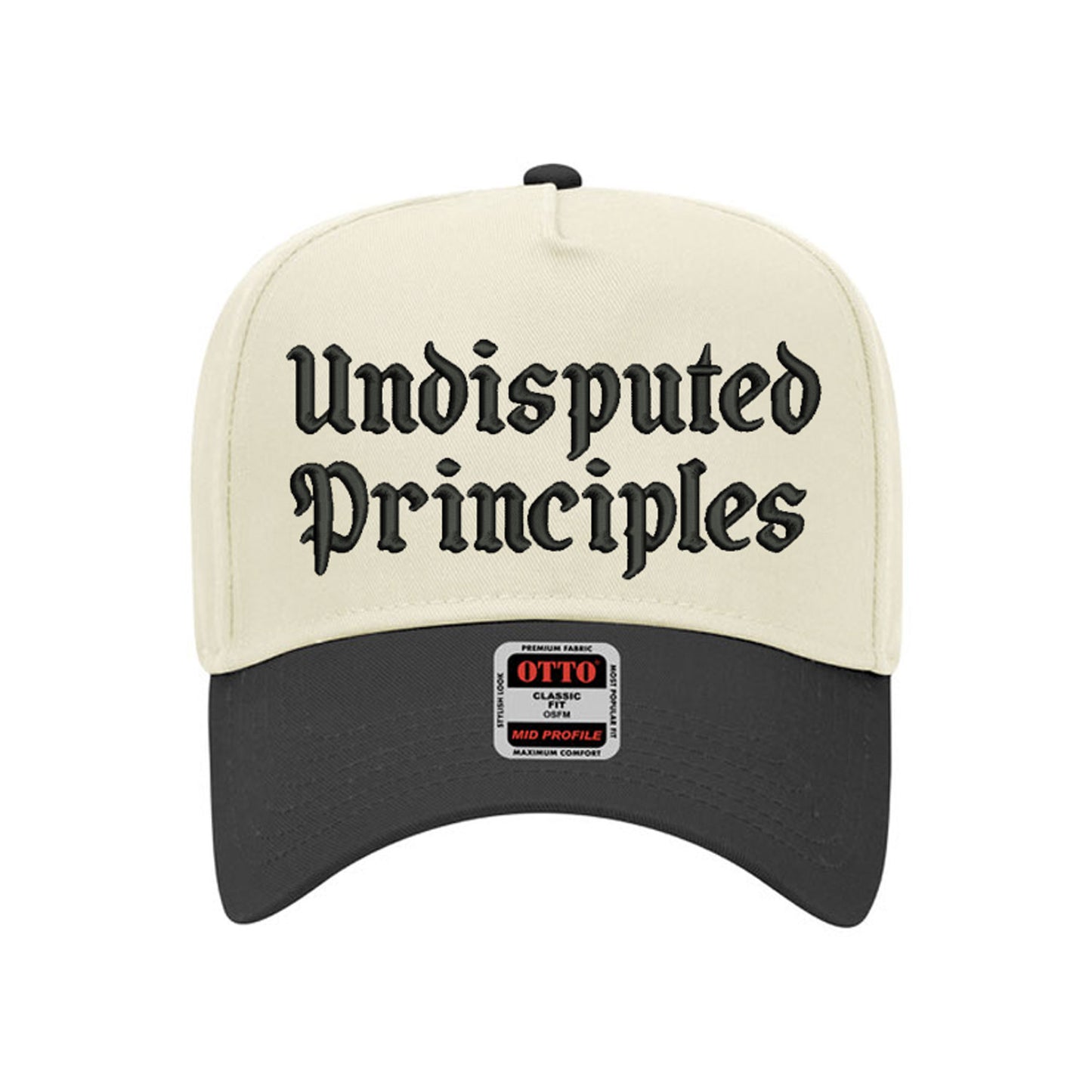 3d puff embroidered logo snapback hat in cream and black bill that reads undisputed prinicples
