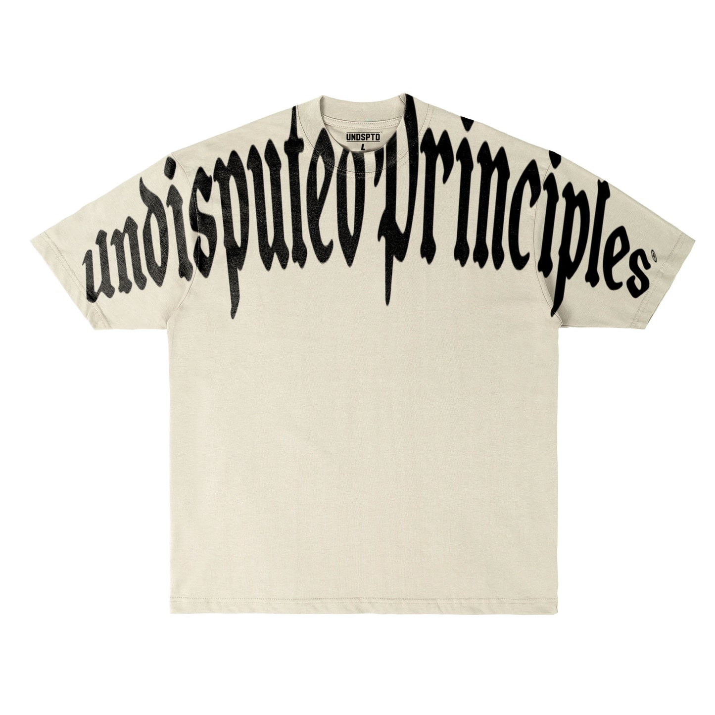 undisputed principles oversized jumbor logo print across the chest drop shoulder tee in cream