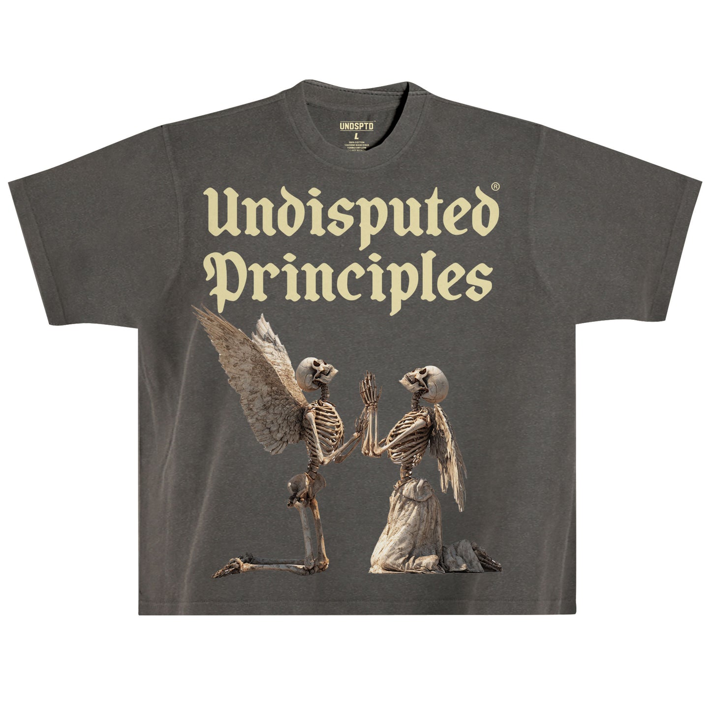 oversized heavyweight drop shoulder graphic tshirt in vintage wash dark grey of two skeletons praying to a log that read undisputed principles