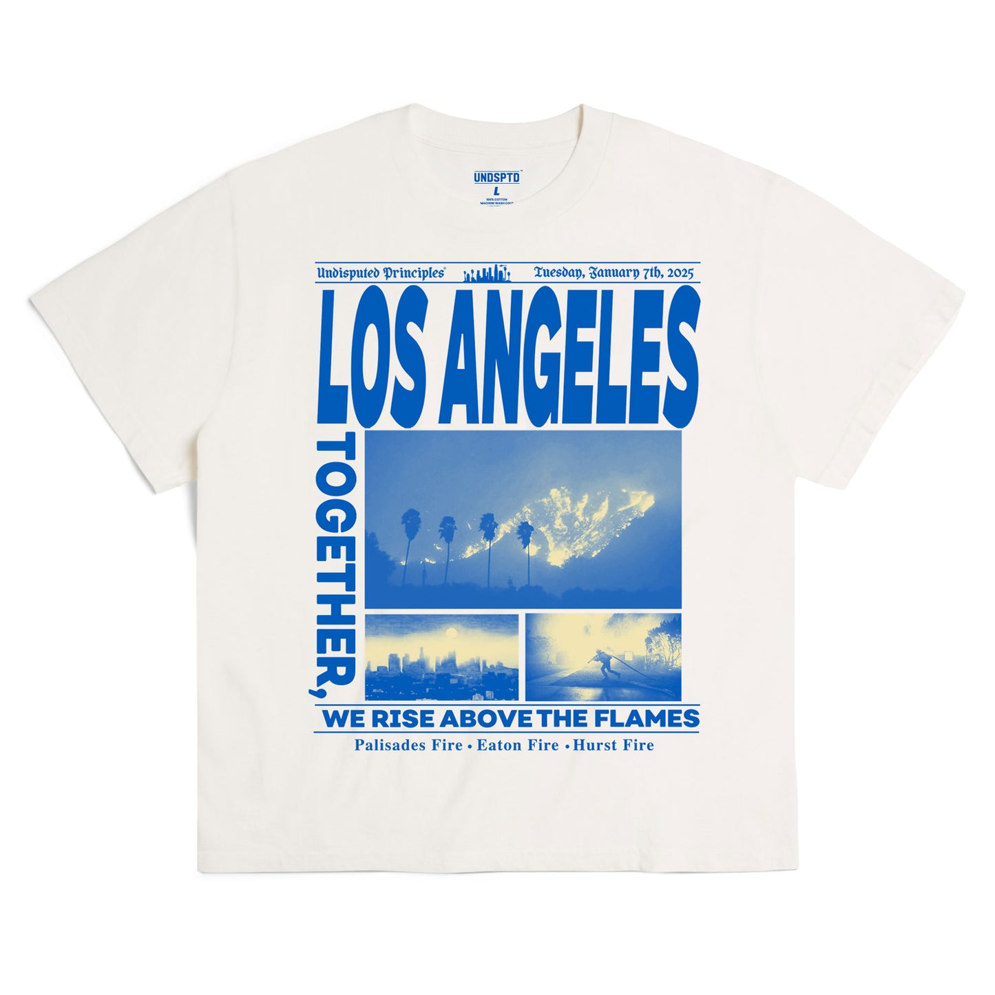 los angeles wildfire fundraiser t-shirt by undisputed principles in cream and blue front