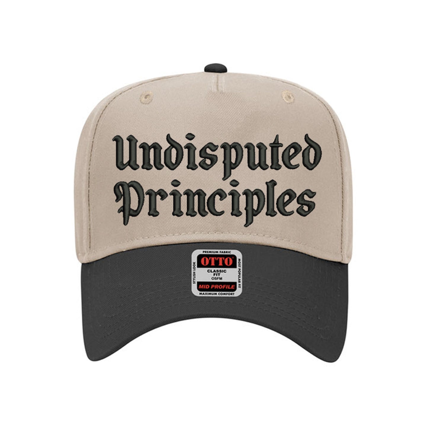 3d puff embroidered logo snapback hat in khaki and black bill that reads undisputed prinicples