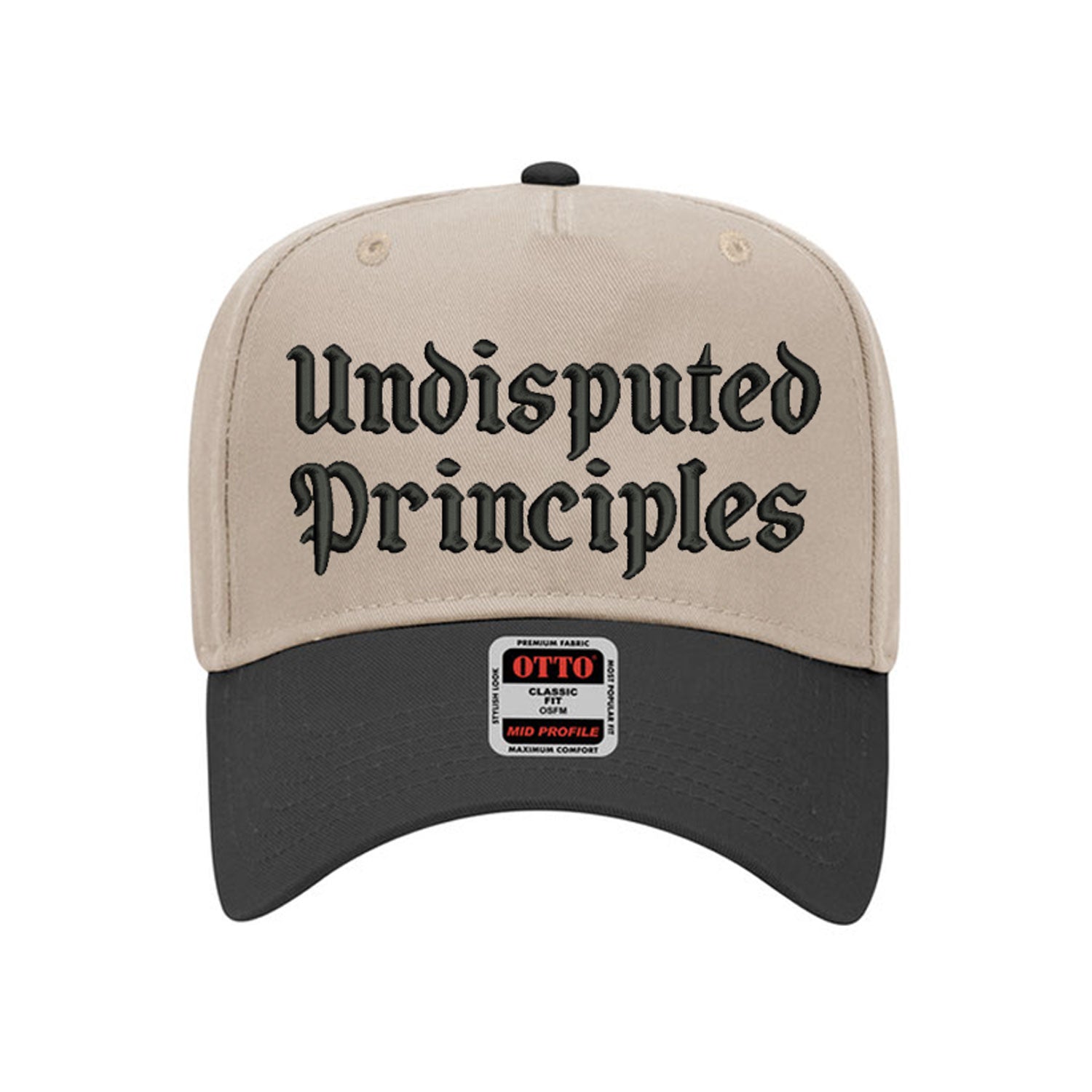 3d puff embroidered logo snapback hat in khaki and black bill that reads undisputed prinicples